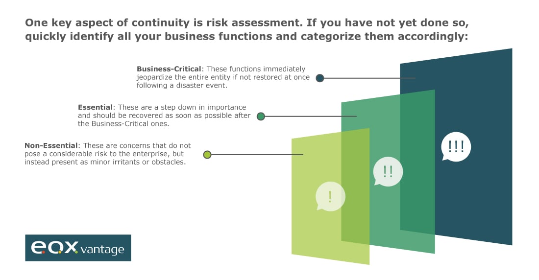 Conduct a risk assessment and categorize your business functions.